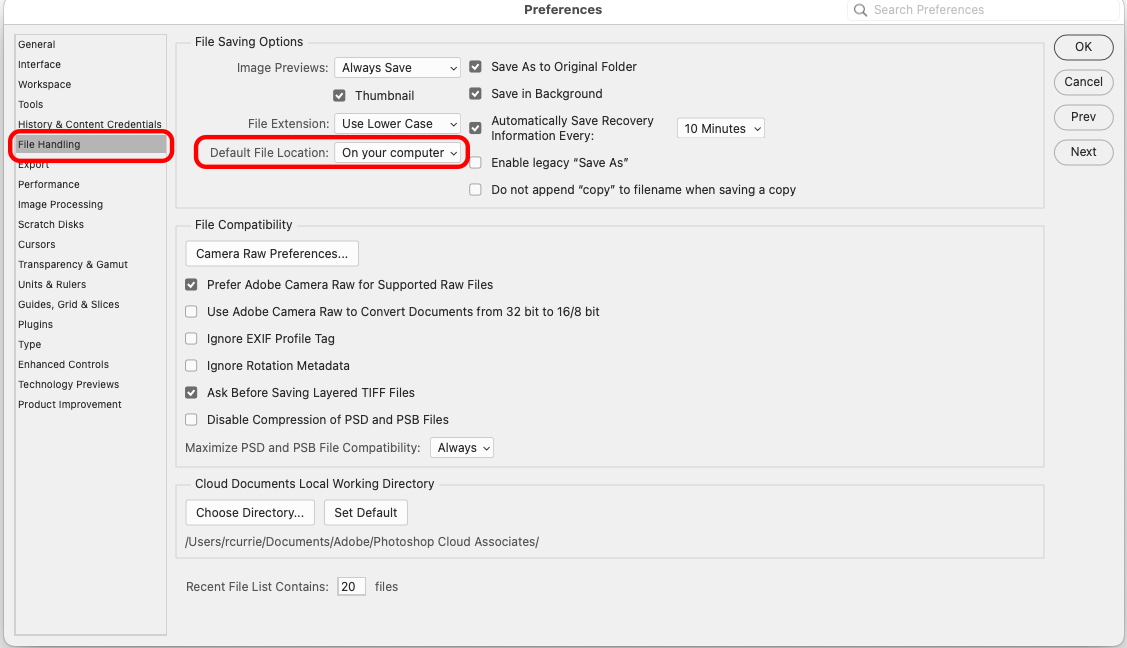 Photoshop 2024 Settings screen showing how to default save to computer