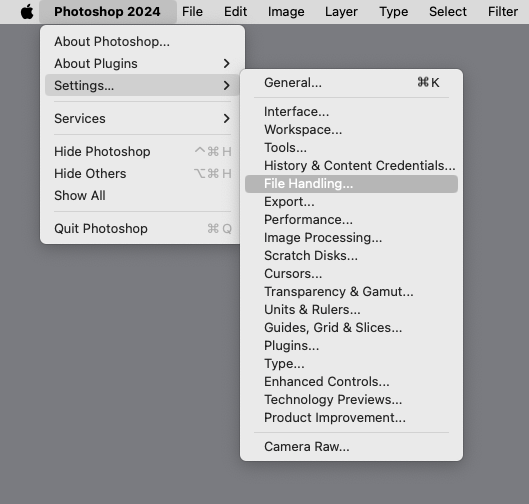 Photoshop 2024 Settings screen location